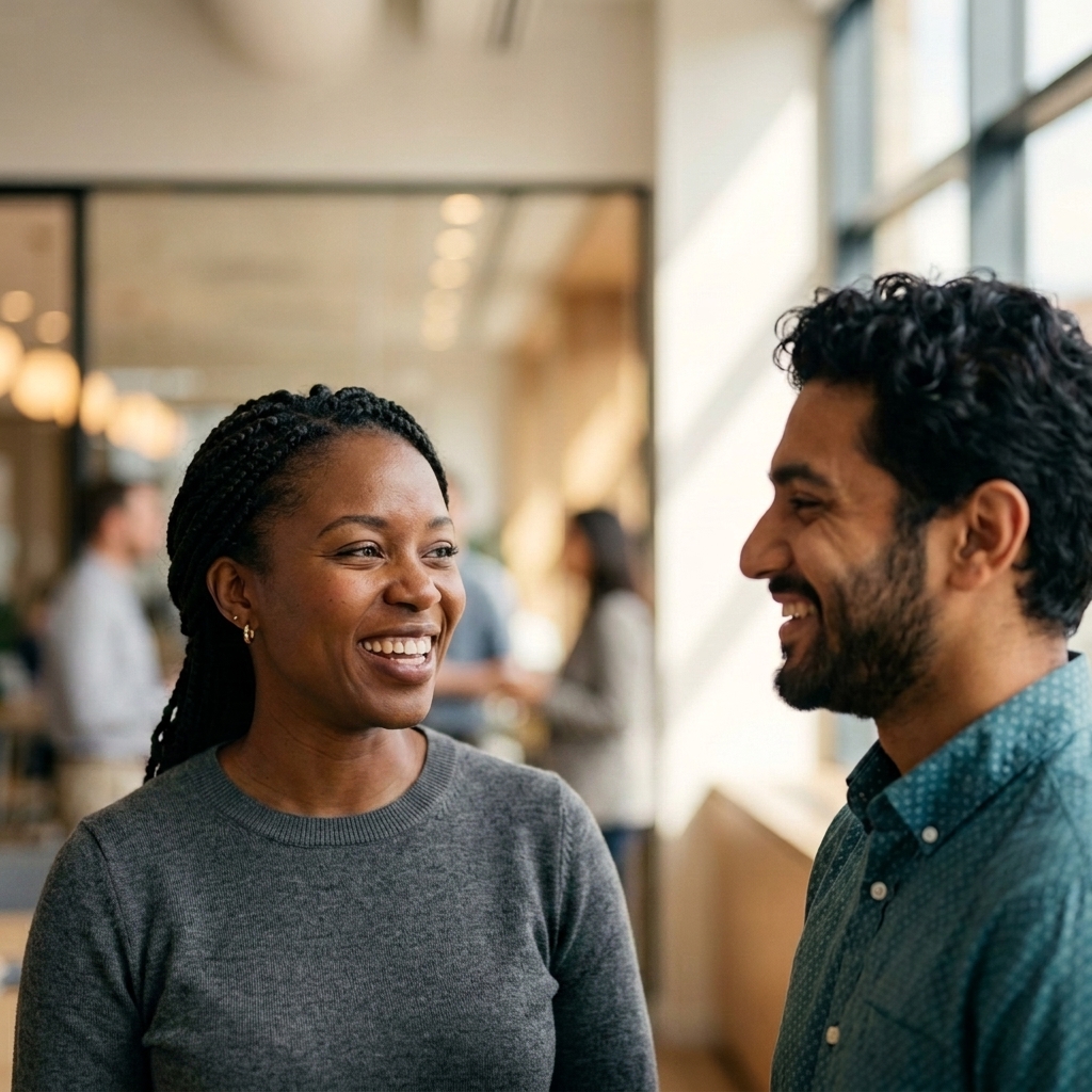 A woman and man laughing together in a bright office common area