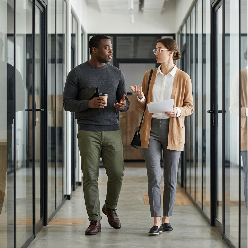 A man and woman walking and talking down a glass-walled office corridor