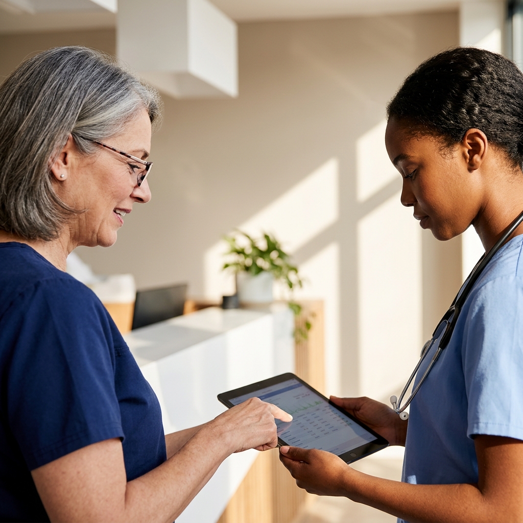 Two clinicians in scrubs reviewing a tablet together, standing in a clinic