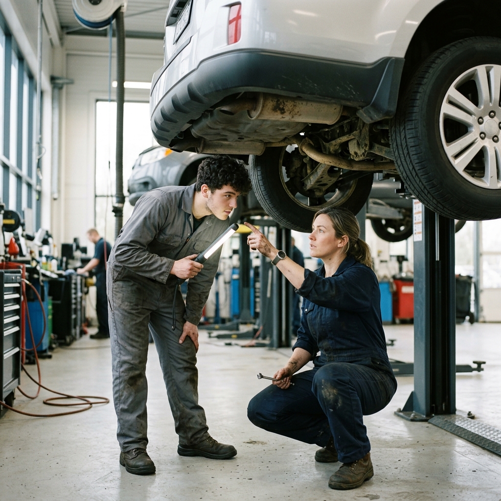 Two mechanics inspecting the underside of a lifted car in an auto shop