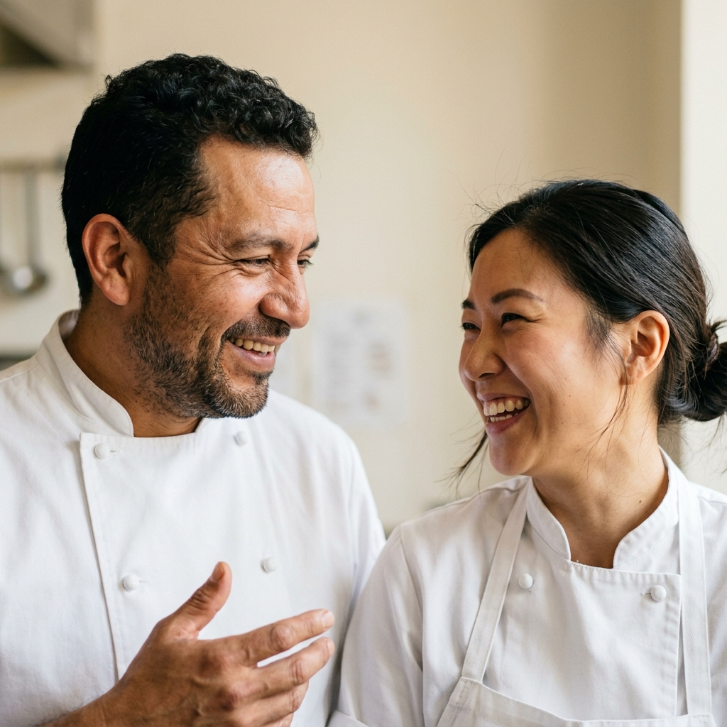 Two chefs sharing a laugh in a kitchen