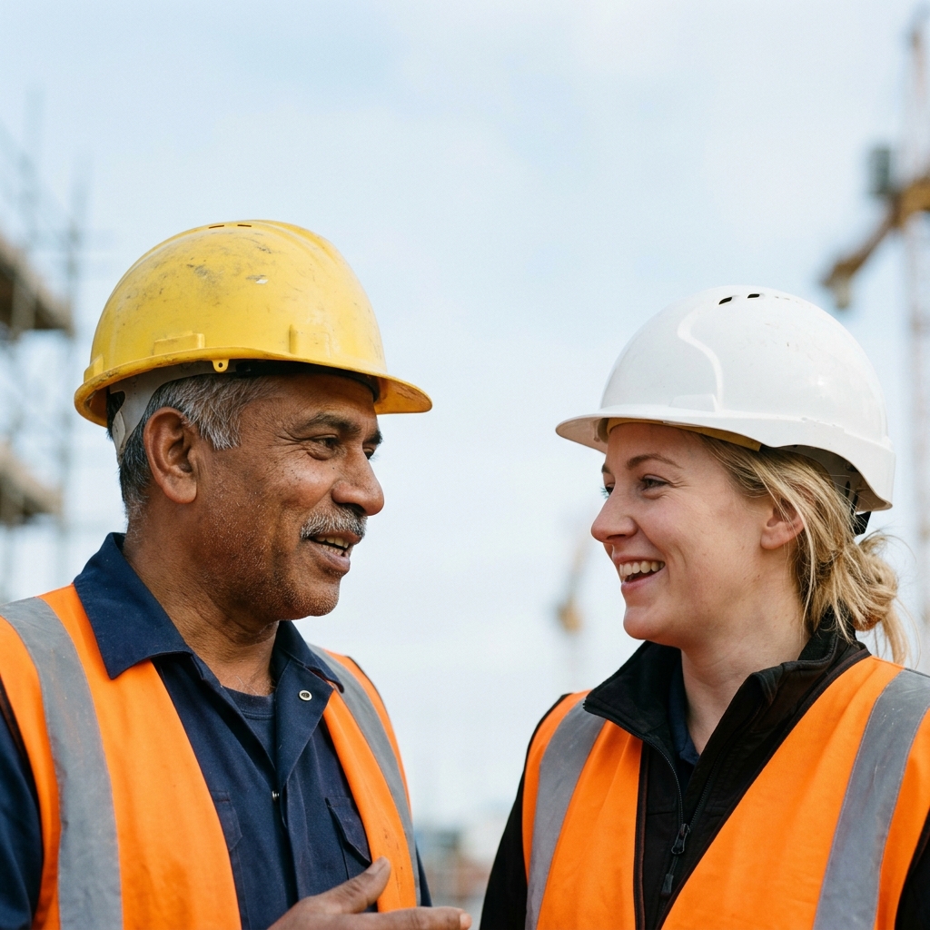 Two construction workers in hard hats talking on site