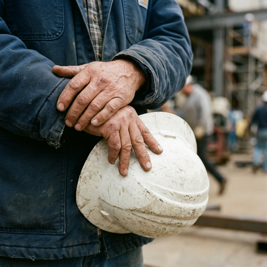 Close-up of a worker's weathered hands holding a white hard hat
