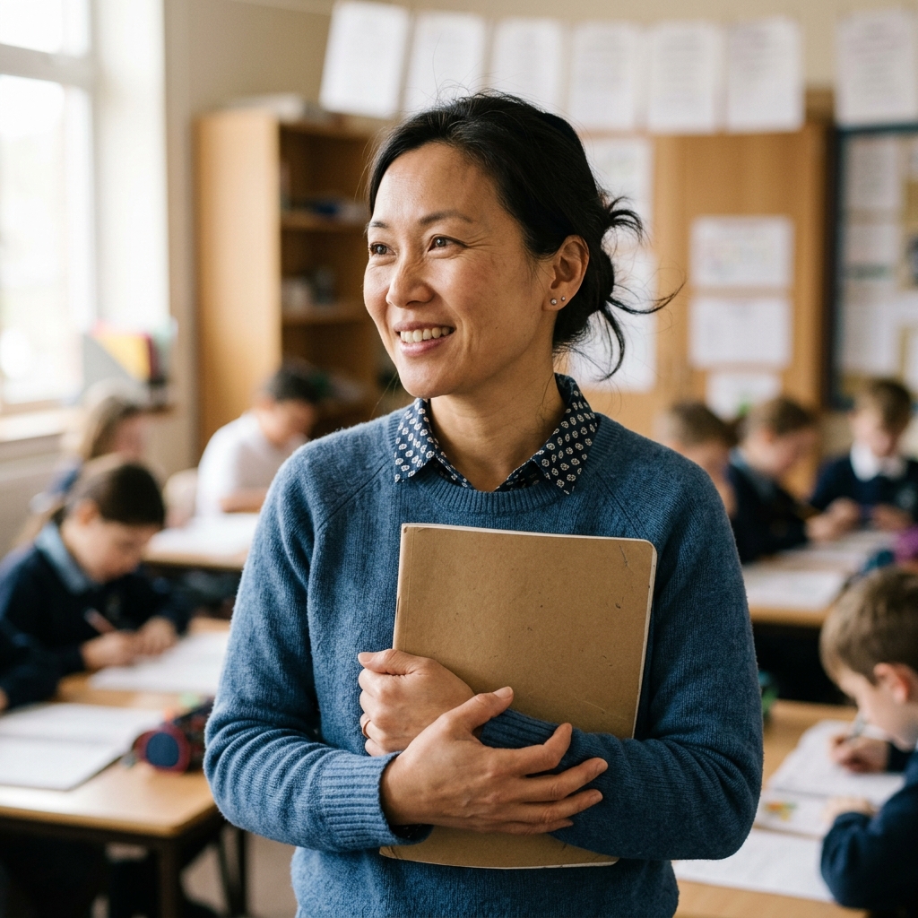 Portrait of a teacher holding a notebook in her classroom
