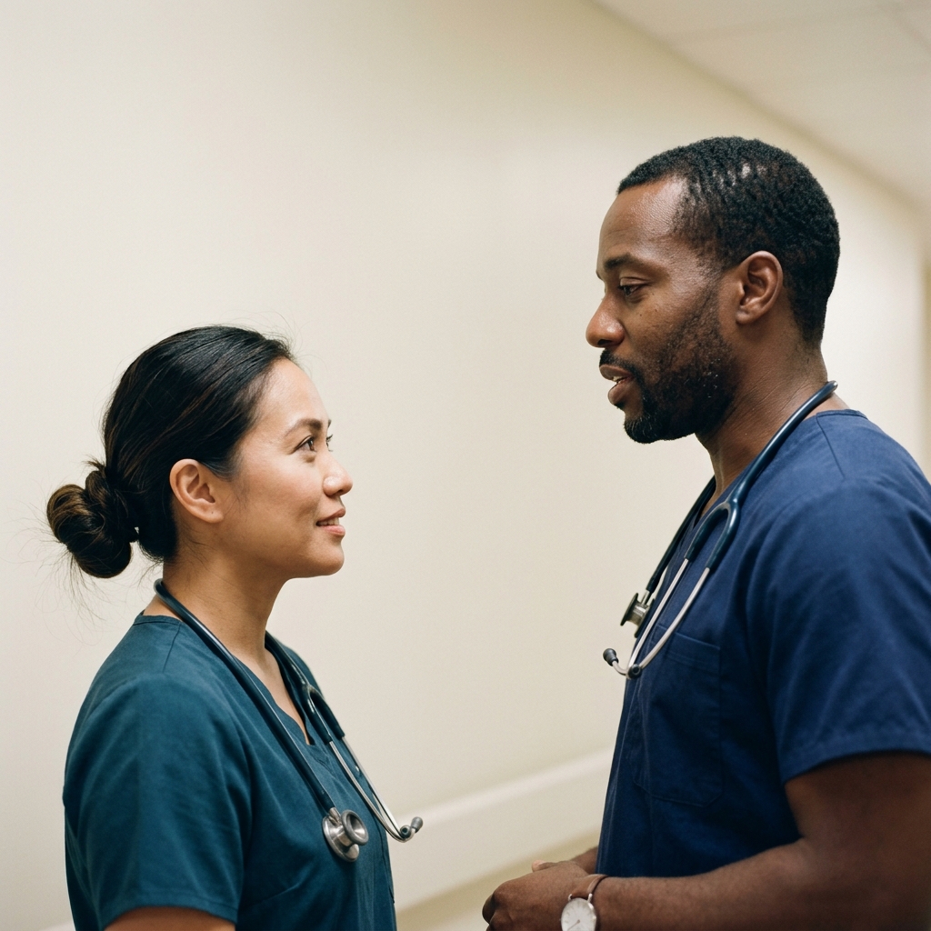 Two nurses in scrubs talking face to face in a hallway
