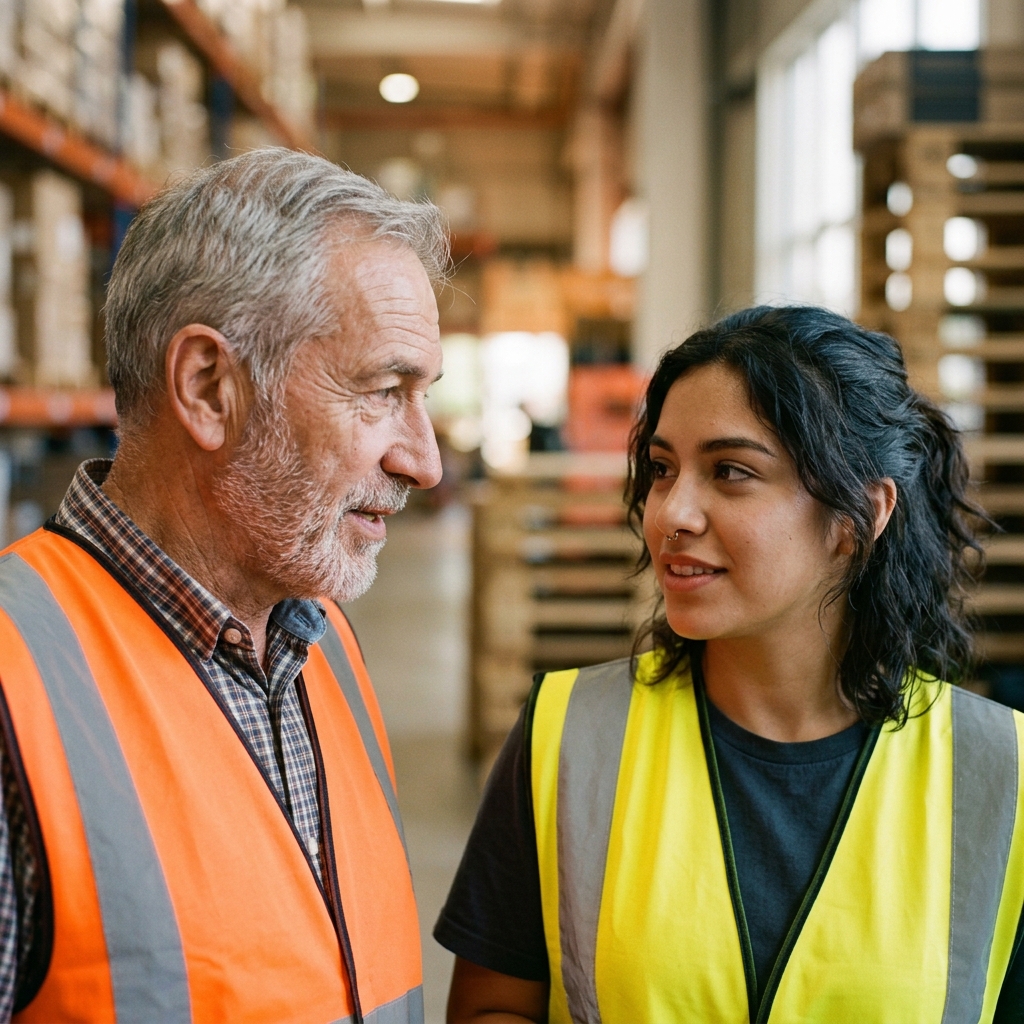 Two warehouse workers in safety vests in conversation