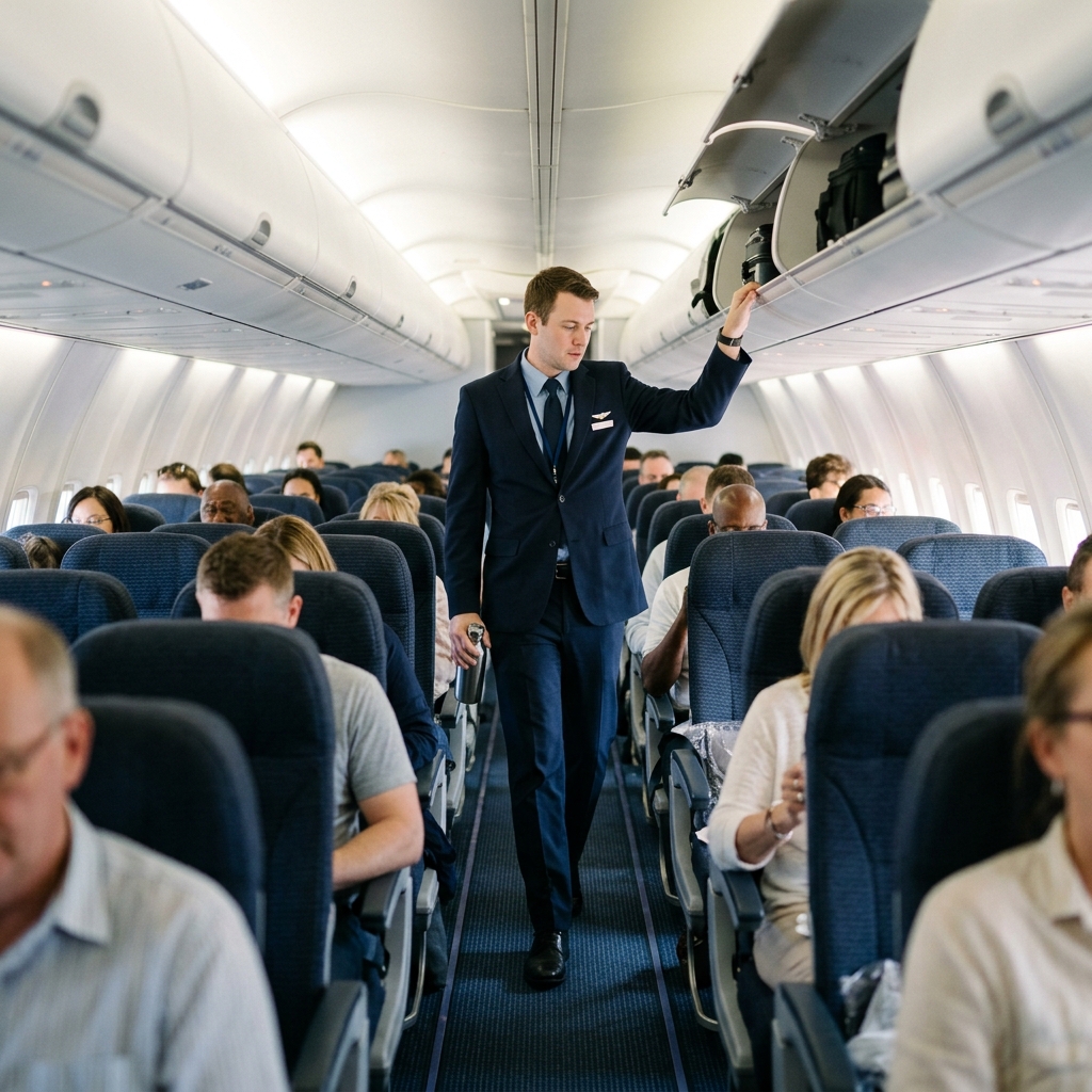 A flight attendant walking down the aisle of an aircraft cabin