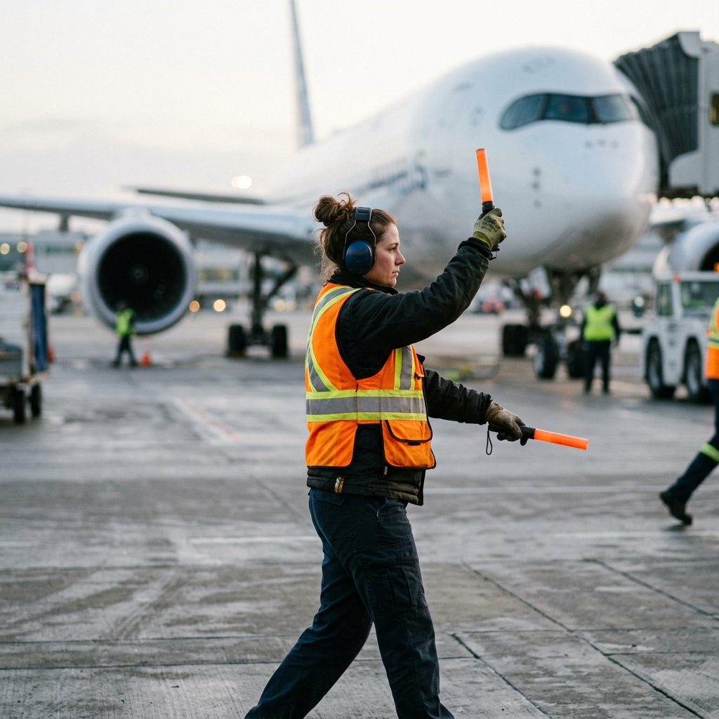 An airport ground-crew member signaling on the tarmac in front of an aircraft
