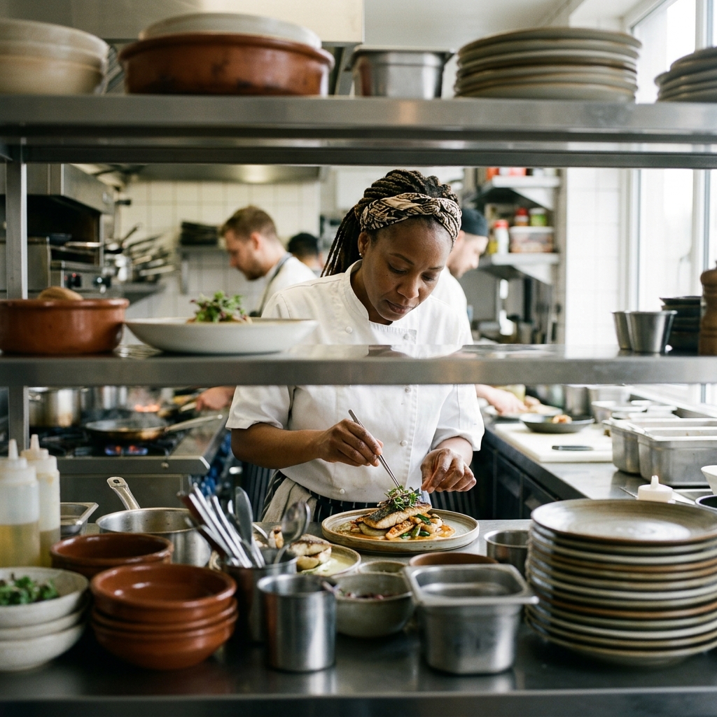 A head chef plating a dish, seen through the pass of a busy restaurant kitchen