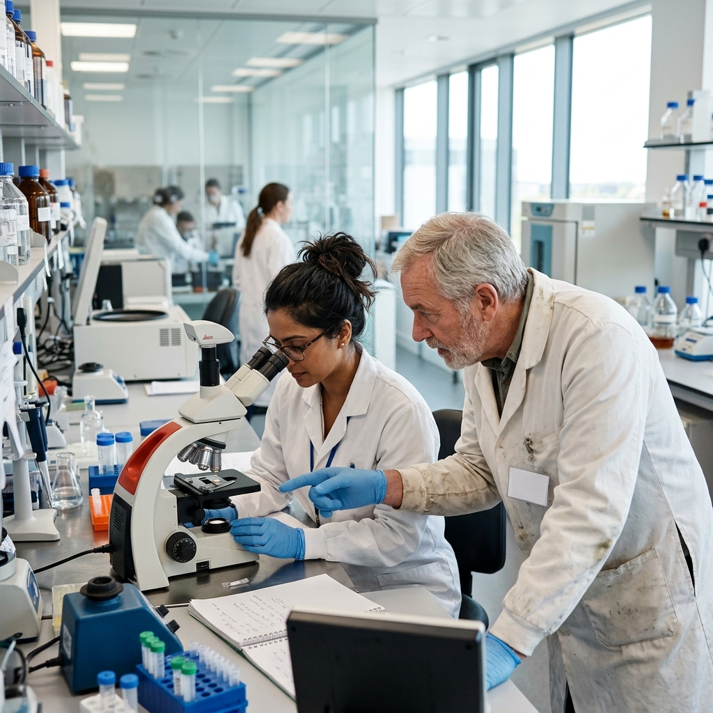 Two laboratory technicians reviewing a sample at a microscope in a bright lab