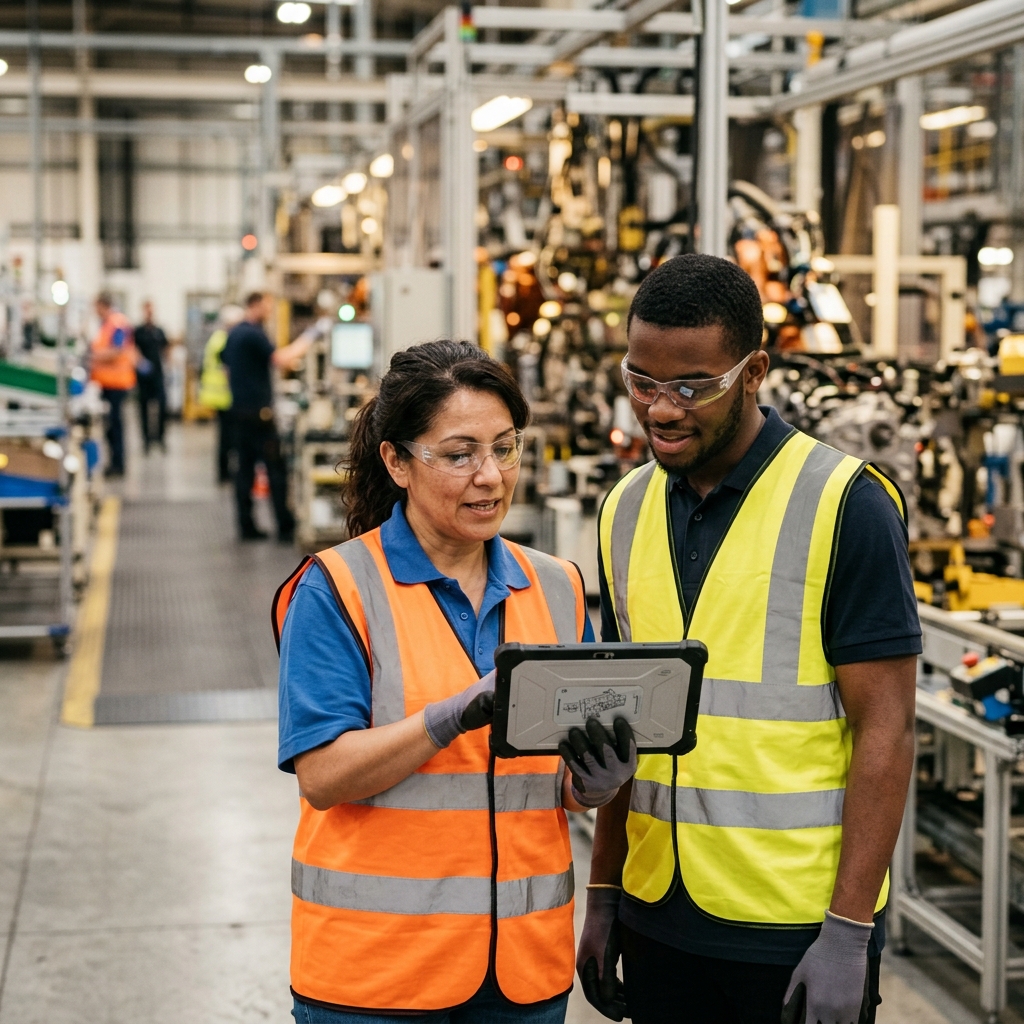 Two manufacturing workers reviewing a tablet together on a factory floor