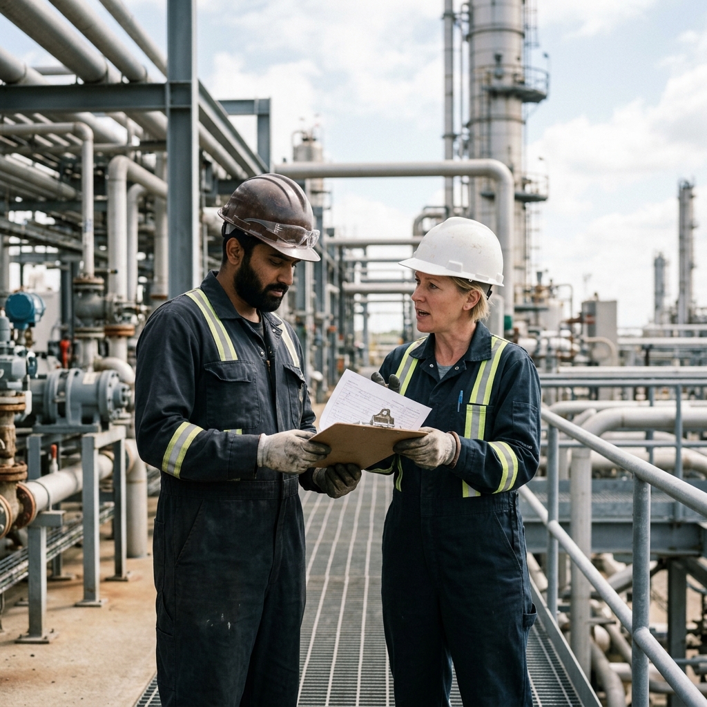 Two energy workers in hard hats talking over a clipboard at a refinery