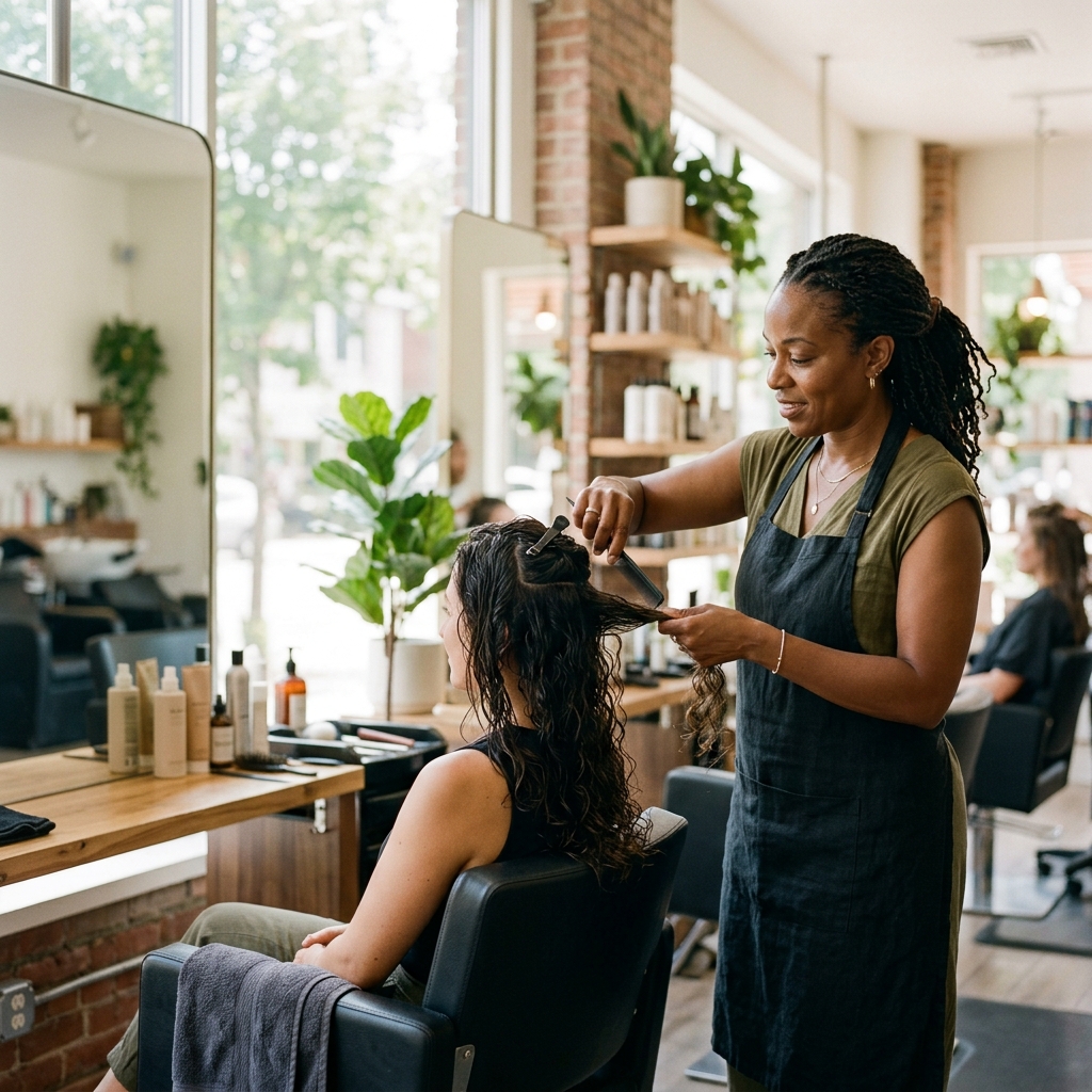 A salon owner styling a client's hair in a sunlit modern salon