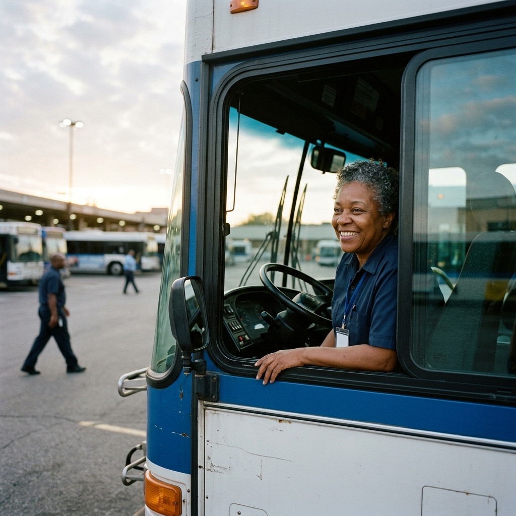 A city bus operator smiling from her driver's window at a transit depot