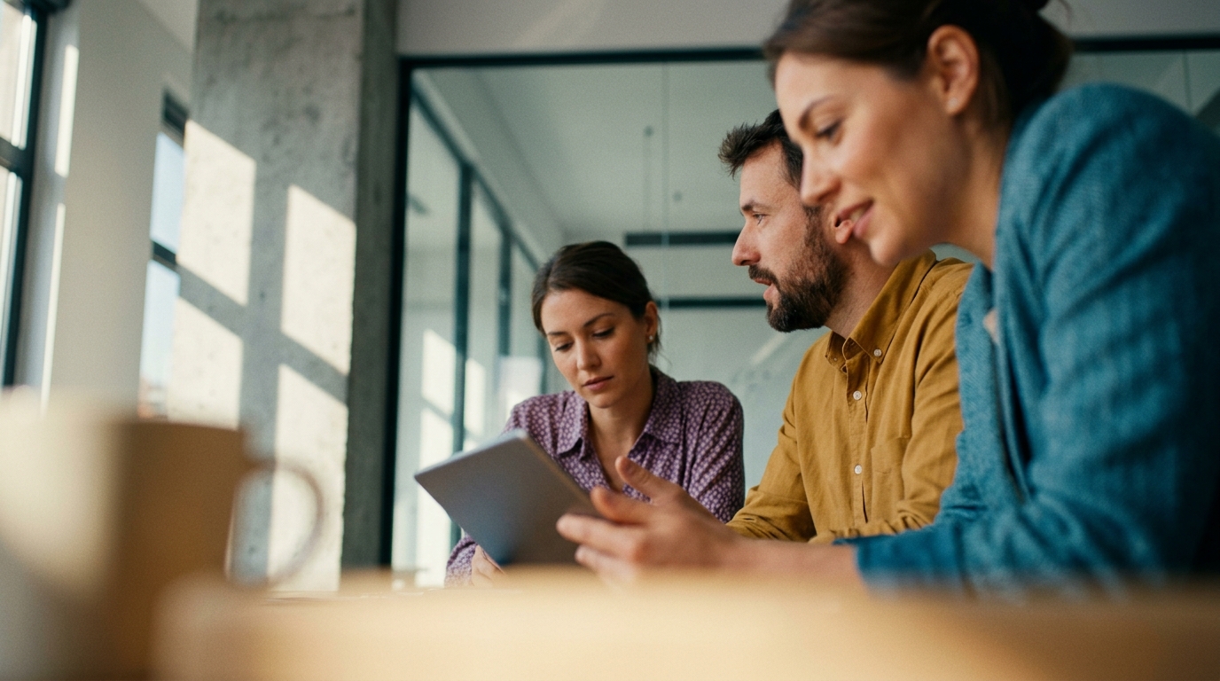 Three colleagues looking at a tablet together in an office